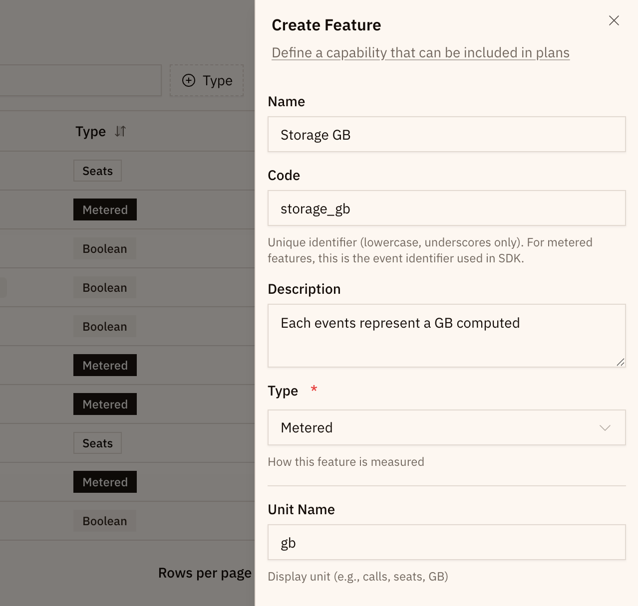 Configuración de funcionalidad medida en Commet mostrando un código de evento y ajustes de uso.